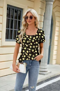 Close-up showing the floral print and square neck detail of the women's short sleeve T-shirt