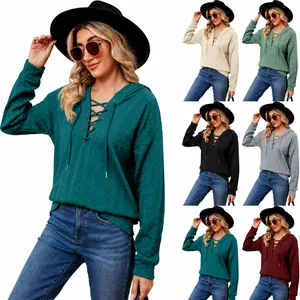 Sudadera con Capucha Informal de Algodón Orgánico y Poliéster para Mujer Top de Manga Larga de Color Sólido con Cordones