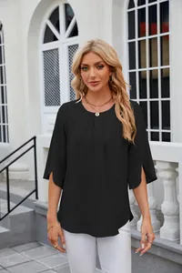 Elegant black chiffon blouse with round neck and half-sleeve side slits for women.
