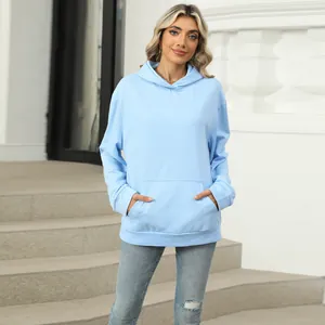 Stylish women's casual light blue hooded sweatshirt with a front kangaroo pocket detail