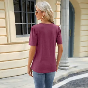 Back view of a maroon U-neck t-shirt with elegant pleated shoulder detail for summer.