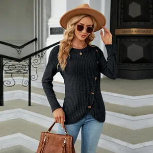 Chic women's long sleeve black top featuring a unique tulip hem and side buttons