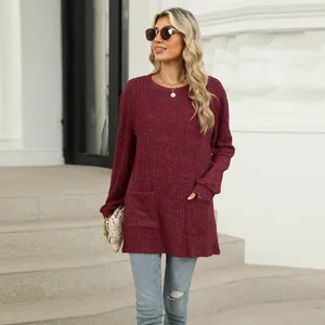 Elegant dark red round neck ribbed top with pockets and puff sleeves for autumn wear