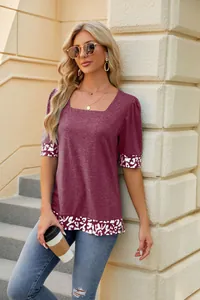 Top casual bordeaux da donna con scollo quadrato e dettagli con bordo a stampa leopardata