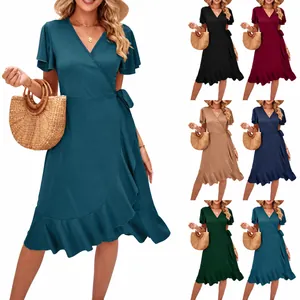 Women Sexy V Neck Short Sleeve Wrap Dress Irregular Ruffle Hem Tie Waist Rayon Polyester Summer Casual Midi Bodycon Dress