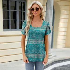 Stylish detail view of women's square neck paisley print t-shirt with petal sleeves