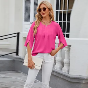 Vibrant magenta round neck chiffon blouse with elegant tulip sleeves and loose fit.