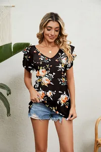 Detailed close-up of the elegant floral print V-neck top with double layer ruffle sleeves
