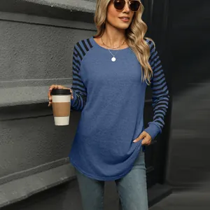 Blue long sleeve t-shirt with striped raglan sleeves and rounded swallowtail hem