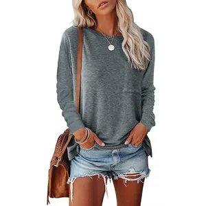 Dames casual losvallend T-shirt met lange mouwen, borstzak en zijsplit in grijs gemêleerd