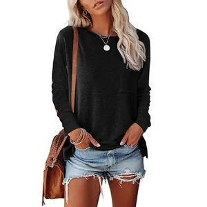 Casual dames T-shirt met lange mouwen, ronde hals, zak en zijsplitjes voor dames