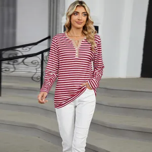 Casual red and white striped V-neck long sleeve T-shirt for women featuring button detail