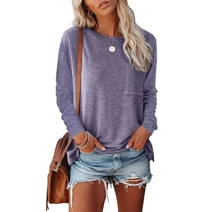 Casual losvallend T-shirt voor dames met lange mouwen, ronde hals en borstzak in paars