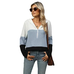 Lässiger Kapuzenpullover mit Viertelreißverschluss und Farbblock-Design für Damen