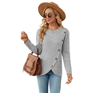 Grey ribbed long sleeve t-shirt for women with unique tulip hem and button detail