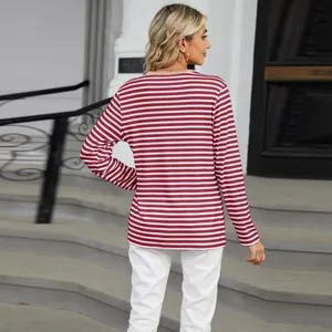 Back view of women's casual long-sleeved t-shirt with red and white horizontal stripes