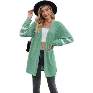 Casual green knit cardigan for women with white striped long sleeves and open front