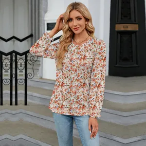 Elegant women's loose-fit floral long-sleeved round neck blouse for autumn fashion