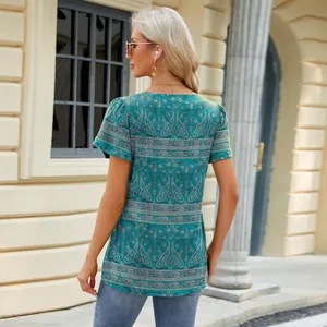 Stylish paisley print t-shirt with petal sleeves and loose fit for summer casual wear.