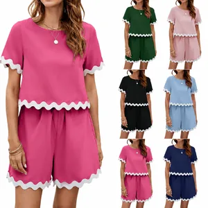 Women Casual Short Sleeve Top And Bottom Scalloped Trim Shorts Two Piece Outfit Solid Color Polyester Loungewear