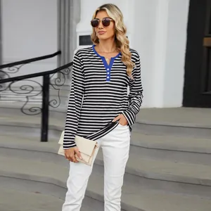 Casual black and white striped V-neck long sleeve T-shirt with blue contrast collar