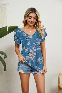 Summer blue floral V-neck top with double ruffle sleeves and loose casual fit for women