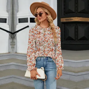 Floral print long-sleeve top with round neck and puff sleeves for women