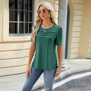 Detail view of elegant dark green short sleeve T-shirt with horizontal pleats on chest