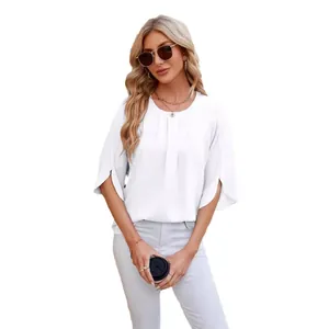 Elegant white round neck chiffon blouse with stylish split half sleeves
