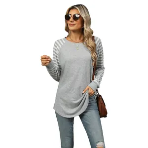 Women's casual grey round neck long sleeve t-shirt with striped contrast stitching sleeves