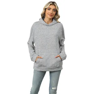 Casual grey solid color hooded sweatshirt for women with kangaroo pocket and long sleeves