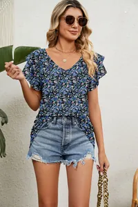 Floral V-neck summer blouse with double-layered ruffle sleeves and relaxed fit.