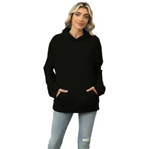 Classic women's solid black hooded sweatshirt with front kangaroo pocket for casual wear