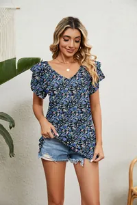 Detailed view of a floral print V-neck top with double ruffle sleeves on a model