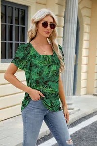 Chic green tropical leaf print blouse featuring a square neckline and stylish petal sleeves