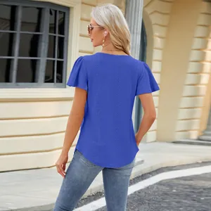 Back view of blue short sleeve T-shirt with hollow jacquard pattern and curved hem