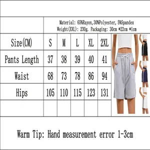 Detailed size chart for women's casual athletic shorts with drawstring and side stripes