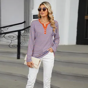 Women's casual striped long sleeve V-neck T-shirt with color block henley collar