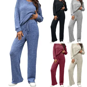 Detail view of crew neck ribbed knit long sleeve loungewear set available in five colors