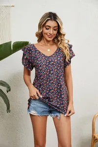 Floral print V-neck T-shirt featuring double layer ruffle sleeves in a loose summer fit