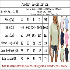 Detailed size chart for women's round neck jacquard t-shirt with back button design