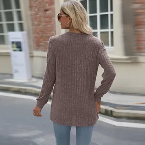 Back view of brown casual ribbed long sleeve t-shirt with puff sleeves for autumn and winter