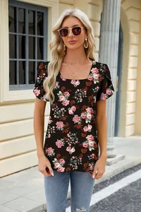 Fashionable floral print T-shirt with a square neckline and unique petal short sleeves.