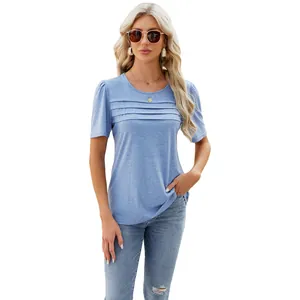 Elegant blue U-neck short sleeve T-shirt for women with unique pleated chest detail