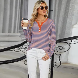 Stylish V-neck striped long-sleeve T-shirt with contrast collar and relaxed fit for autumn