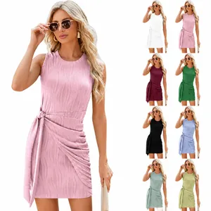 Vestido Mini de Punto Fruncido Sin Mangas Sexy para Mujer Cuello Redondo Verano Casual Acanalado Lazada en la Cintura Vestido Ajustado Color Sólido Vestido de Fiesta