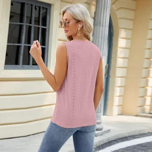 Back view showing the intricate eyelet jacquard texture of this pink sleeveless summer top