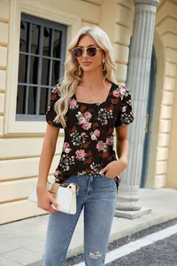 Elegant floral print square neck t-shirt with petal sleeves and casual jeans styling
