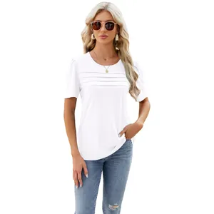 Elegant white U-neck pleated short sleeve t-shirt for women summer fashion style