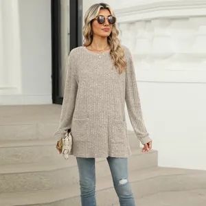 Comfortable women's oatmeal crew neck long sleeve ribbed knit tunic top with pockets